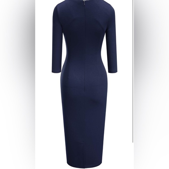 HOMEEYE Navy Blue Ruched Sheath Dress Large 3/4 Sleeve Bodycon Work EXCELLENT - Picture 5 of 13